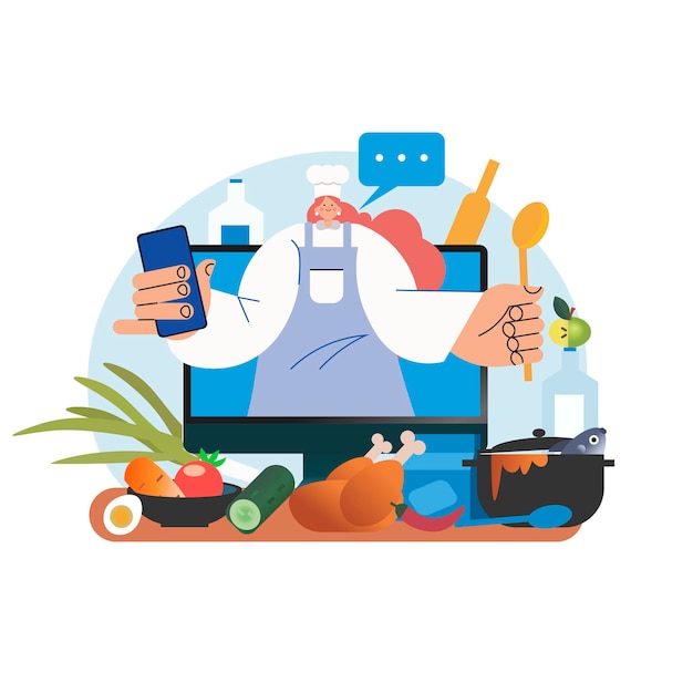 Lección de cocina en línea a través de Internet Clases culinarias en Internet Chef enseñando desde la computadora
