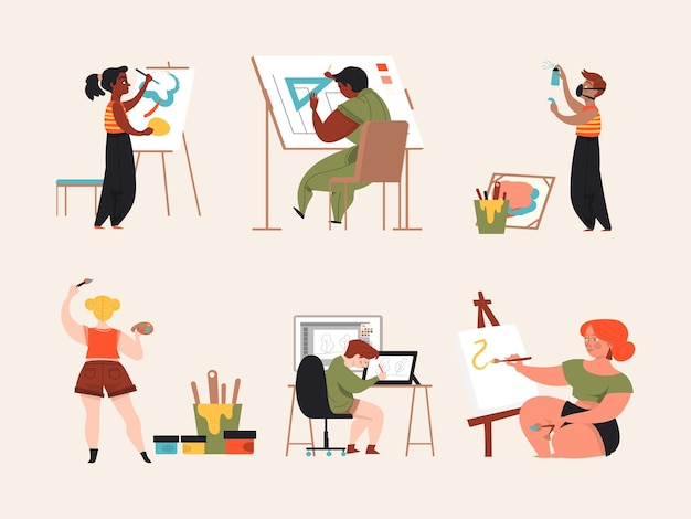 Lección de dibujo de la escuela de arte Taller creativo Profesora estudiante dibujando en caballete Vector plano