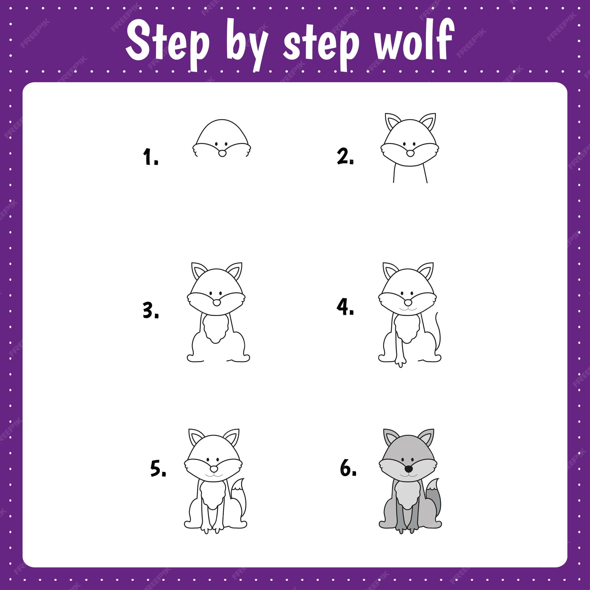 Lección de dibujo para niños cómo dibujar un lobo tutorial de dibujo para niños paso a paso repite la imagen página de arte de la actividad de los niños para el libro Lección de dibujo para niños cómo dibujar un lobo tutorial de dibujo para niños paso a paso repite la imagen página de arte de la actividad de los niños para el libro