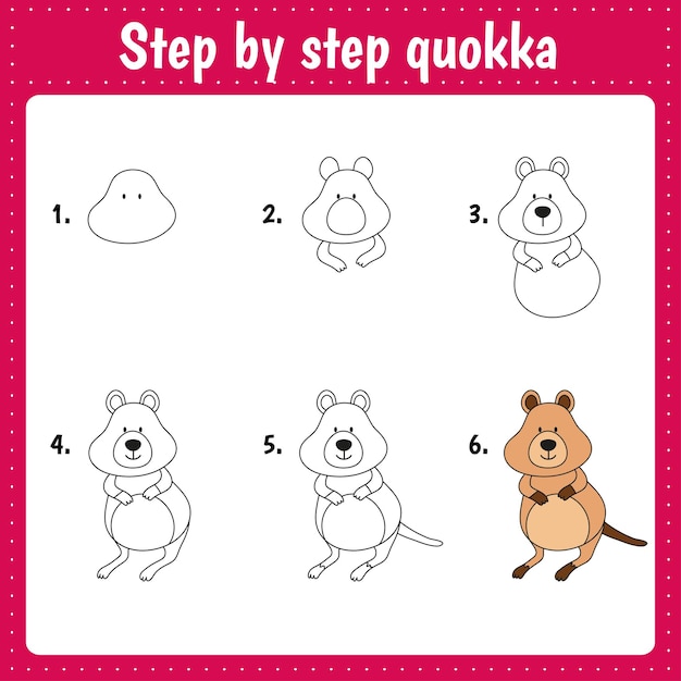 Lección de dibujo para niños Cómo dibujar quokka Tutorial de dibujo con animales divertidos Paso a paso repite la imagen Página de arte de la actividad de los niños para el libro Ilustración vectorial