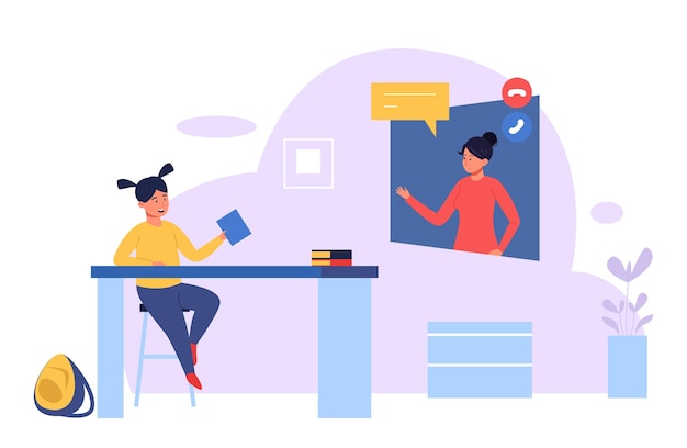 Lección a distancia Mujer joven que estudia en línea Mujer está estudiando inglés en línea con un maestro Concepto de educación a distancia Internet capacitación y cursos escuela de idiomas Concepto de vector plano lindo