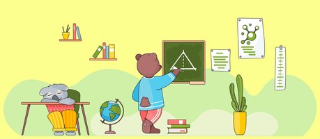 Vector lección en la escuela para animales salvajes oso escribiendo tiza en una pizarra lección de geometría regreso a la escuela