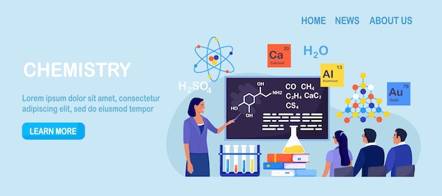 Lección de la escuela de química estudiantes que aprenden elemento de fórmula química experimento científico en laboratorio con reactivos de matraces de química equipo de ciencia investigación científica de laboratorio educación