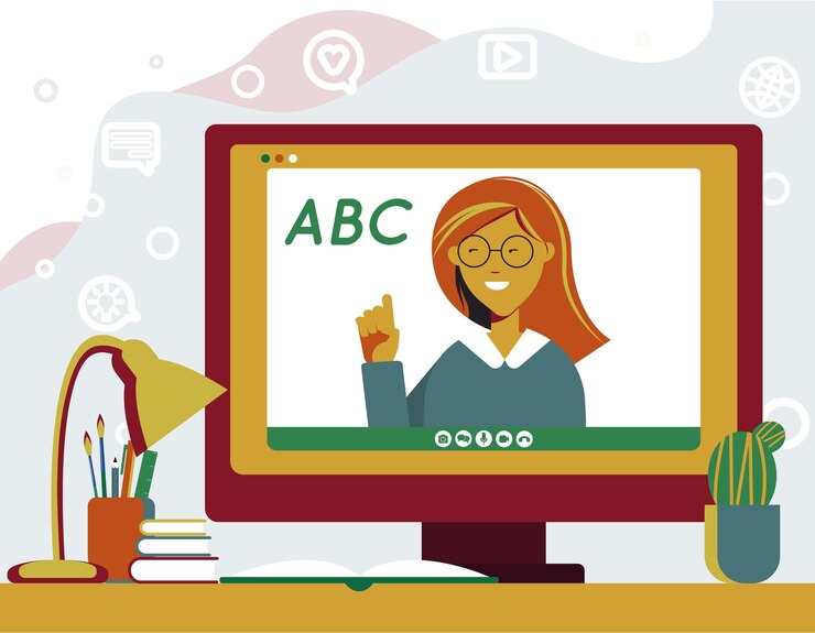 Vector lección en línea, videollamada, comunicación a distancia, aprendizaje remoto, aprendizaje desde el concepto de hogar. cuarentena. ilustración de vector plano. elementos de diseño