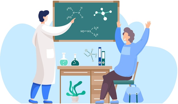 Lección de química en la escuela el científico explica fórmulas en una pizarra el chico está sentado en la silla y levantando las manos estudio de compuestos químicos el escolar mira alegremente al maestro