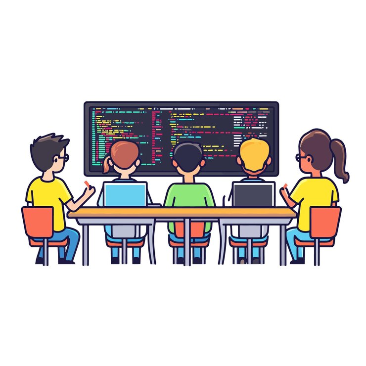 Vector una lección de tecnología divertida con estudiantes aprendiendo a codificar vectores planos