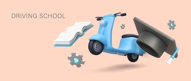 Lecciones de conducción de motocicletas, scooters eléctricos, ciclomotores, teoría y práctica bajo la supervisión de un instructor, proceso de aprendizaje, publicidad positiva en color de la escuela de conducción, objetos flotantes en 3D