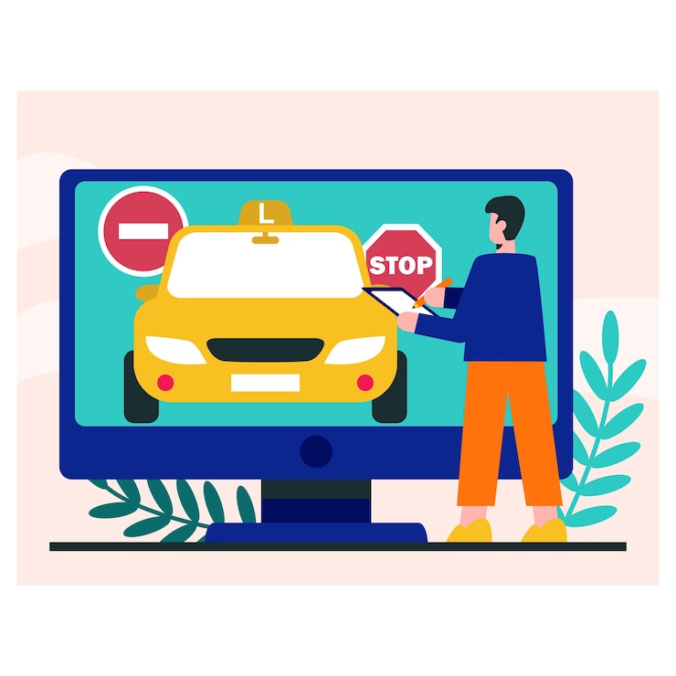 Vector lecciones en la escuela de conducción personaje masculino escribiendo las reglas de tráfico lección de video sobre el estudio de señales de tráfico de prohibición y advertencia aprendizaje a distancia de material teórico