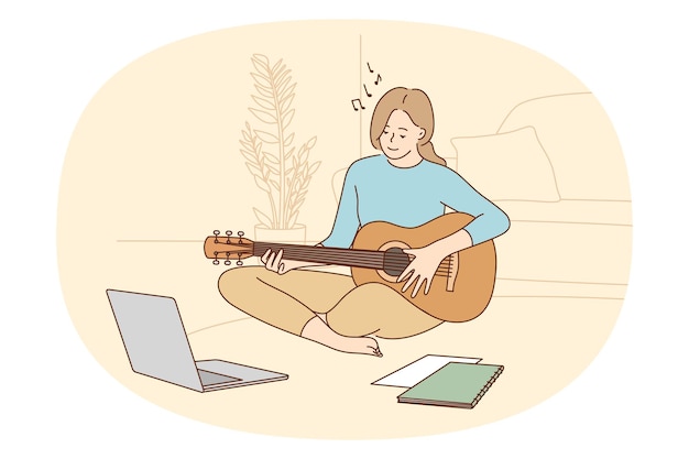 Lecciones de música en línea y concepto de aprendizaje Niña sonriente sentada tocando la guitarra estudiando en línea mirando la computadora portátil en el piso en casa ilustración vectorial