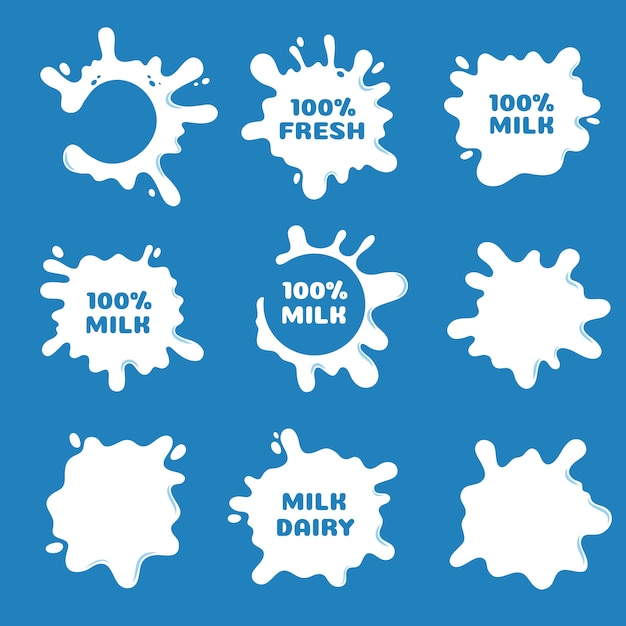 Leche blanca, yogur y crema salpica y borra formas. Etiquetas de vectores de productos lácteos naturales aisladas