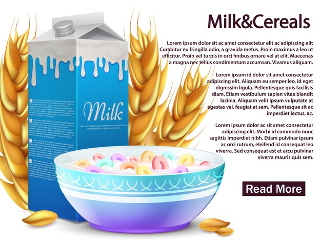 Leche y cereales banner de desayuno saludable