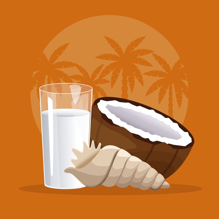Vector leche de coco y carbón en la playa