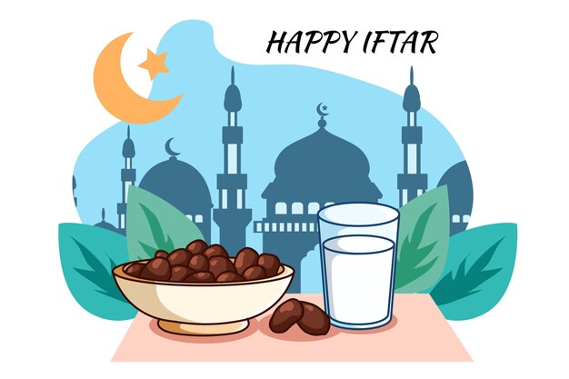 Leche dulce y fecha en la ilustración de dibujos animados de ramadan kareem