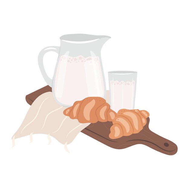 Vector leche y galletas jarra de leche con croissants en la bandeja de madera concepto de desayuno matutino acogedor concepto de días de otoño