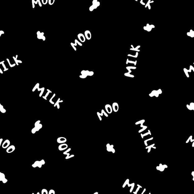 Leche garabato de patrones sin fisuras con letras moo de leche y manchas de vaca sobre fondo negro Ilustración vectorial dibujada a mano para sus productos de diseño Patrón de dibujos animados para ropa de niños para la cocina