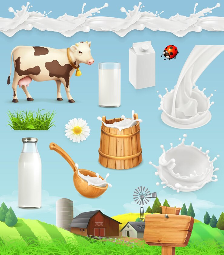 Vector leche y granja. botella, vaso, cuchara, balde. gotas de patrones sin fisuras. productos lácteos naturales. conjunto de iconos