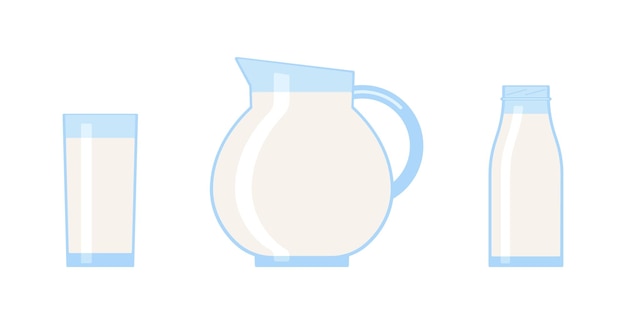 Leche en jarra y botella de vidrio Bebida de leche fresca con vitaminas Bebida de leche