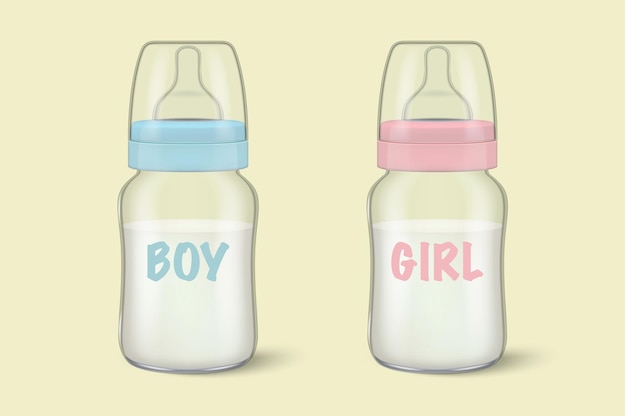 Vector leche materna realista de la madre del bebé en dos botellas de leche de bebé para niño - azul - y niña - rosa - conjunto de iconos de cerca. plantilla de diseño de recipiente de leche estéril, maqueta para gráficos.