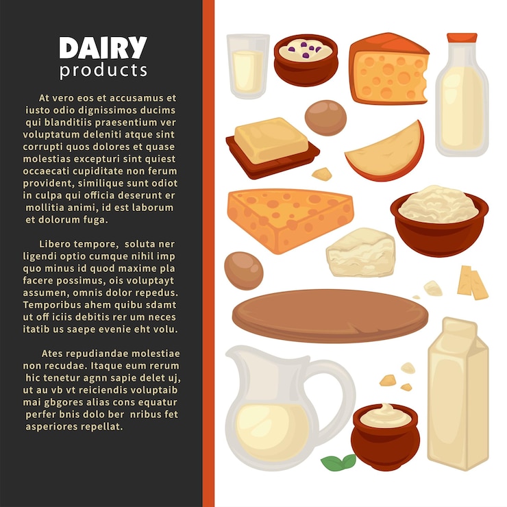 Vector leche, productos lácteos, alimentos de granja, queso y leche.