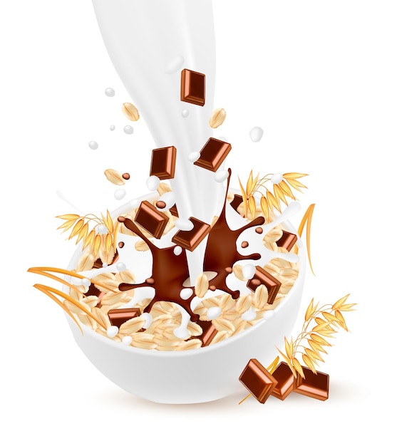 Vector leche que fluye a un cuenco con cereales y chocolate. vector.