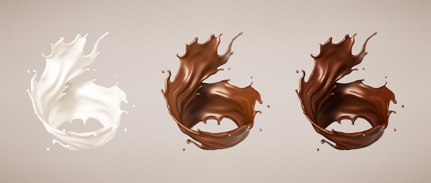 Leche y salpicaduras de chocolate batido y chocolate marrón derretido Ilustración vectorial realista