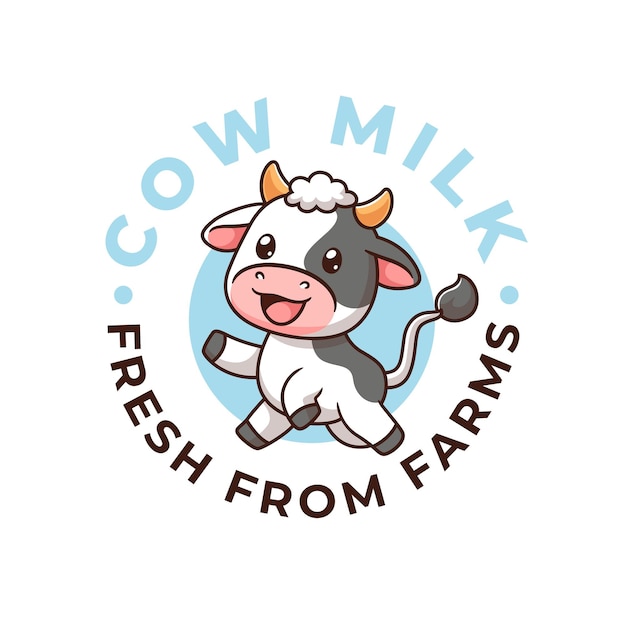 Leche de vaca con una linda mascota de vaca etiqueta logotipo de círculo simple