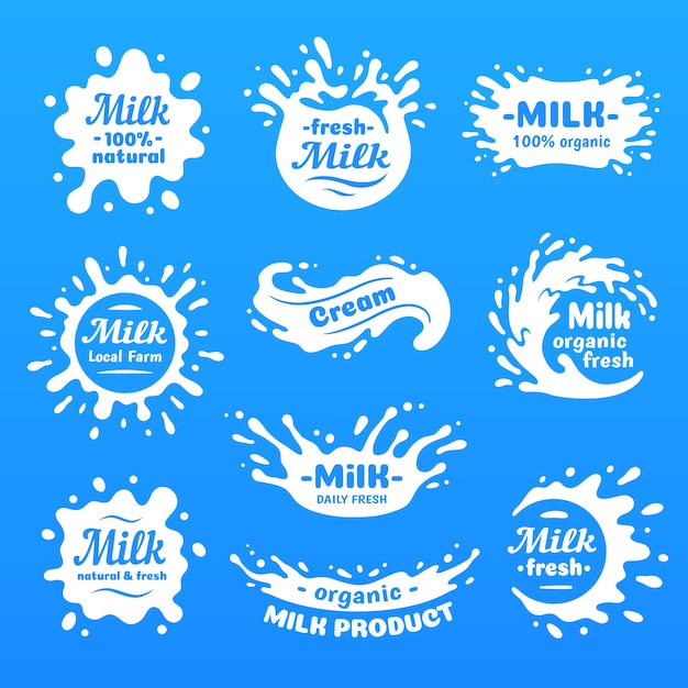 La leche de vaca salpica con letras. Salpicaduras de leches aisladas para tienda de alimentos saludables, etiqueta de vector de logotipo de productos lácteos