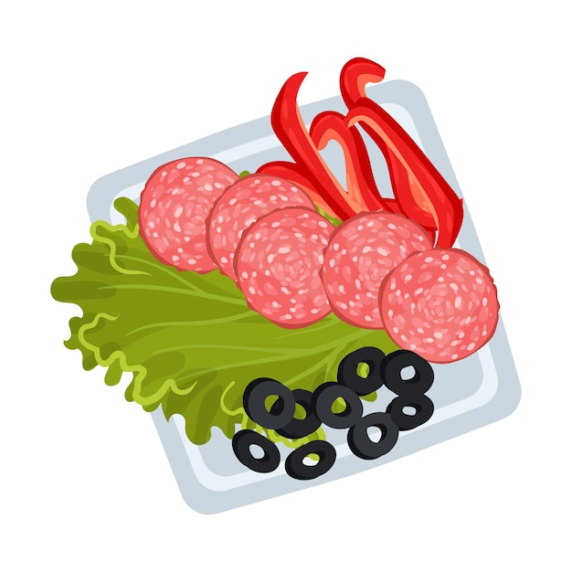 Lechuga en rodajas y verduras en una ilustración vectorial de un plato cuadrado