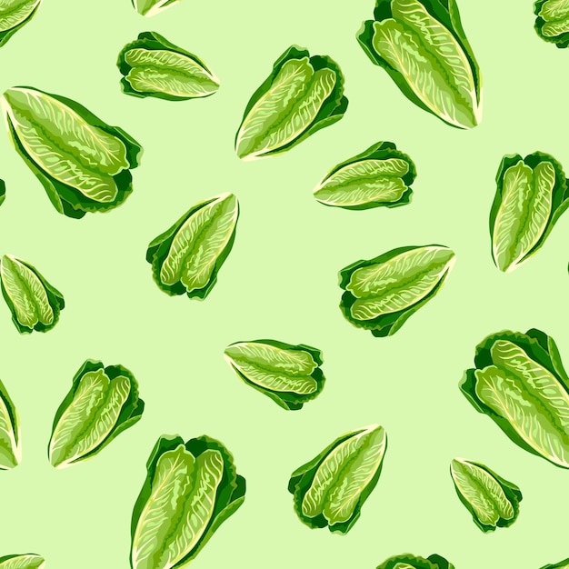 Vector lechuga romano de patrones sin fisuras sobre fondo verde pastel. textura de minimalismo con ensalada.