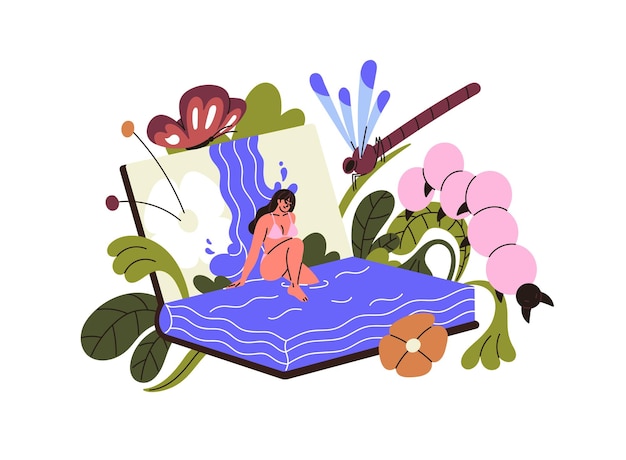Lector lectura historia mágica novela de aventura sobre mundo exótico Mujer nadando en el agua en el cuento Libro abierto con cascada Concepto de imaginación Ilustración vectorial aislada plana sobre fondo blanco