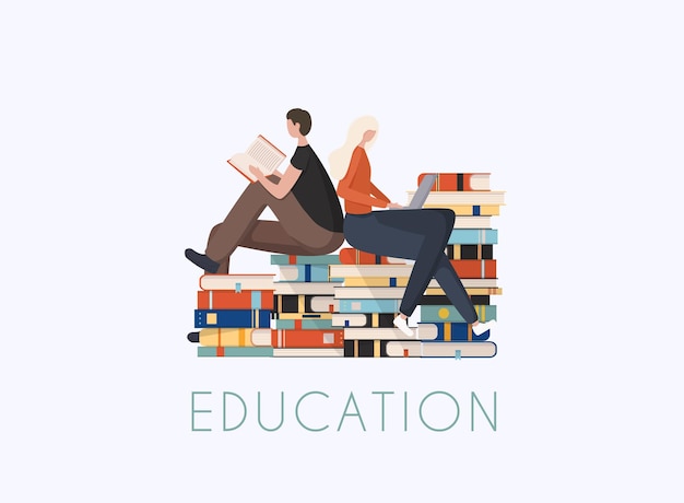 Lectores jóvenes con estilo sentados en una pila de libros gigantes o al lado y leyendo