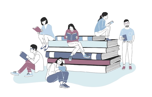 Lectores masculinos y femeninos vestidos con ropa elegante sentados en una pila de libros gigantes o al lado y leyendo. Estudiantes que estudian o aficionados a la literatura. Ilustración de vector de color en estilo moderno.