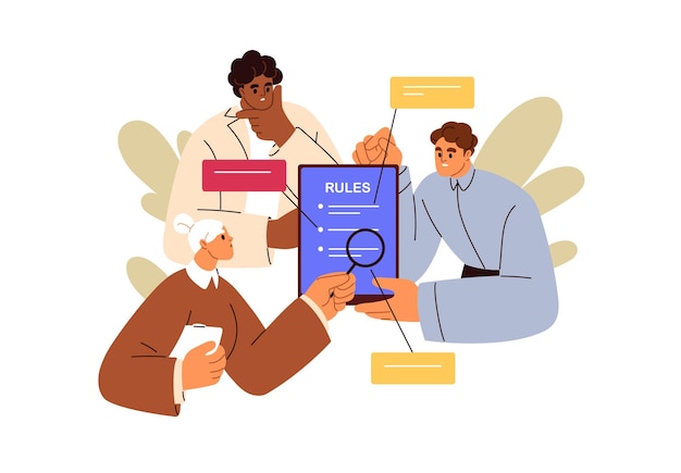 Lectura de nuevas reglas política corporativa Estudio de regulaciones código de conducta de derecho empresarial Colegas e instrucción de documentos regulatorios Ilustración vectorial gráfica plana aislada sobre fondo blanco