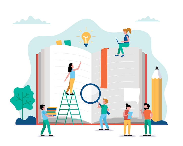 Vector lectura, personajes de personas pequeñas realizando diversas tareas alrededor de un gran libro.
