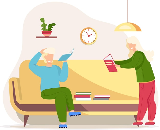 Lectura de personajes planos de personas con libros, revistas, literatura, ilustración vectorial aislada Lectores jóvenes, hombres y mujeres, vestidos con ropa de moda, relajándose en casa con libros o libros de texto