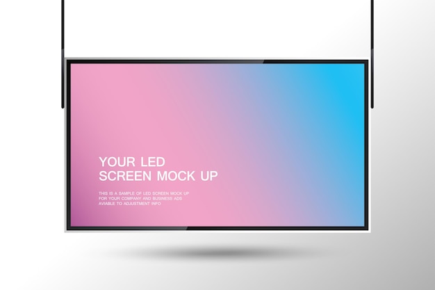 Un LED de pantalla ancha colgado desde la parte superior Una maqueta de pantalla LED de tecnología en fondo blanco Maqueta de pantalla ancha LED utilizada en el espacio publicitario vector e ilustración