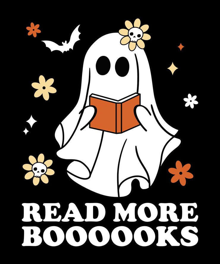 Leer más Libros Divertido Halloween Fantasma Libro Murciélago Cráneo Bruja floral Vector
