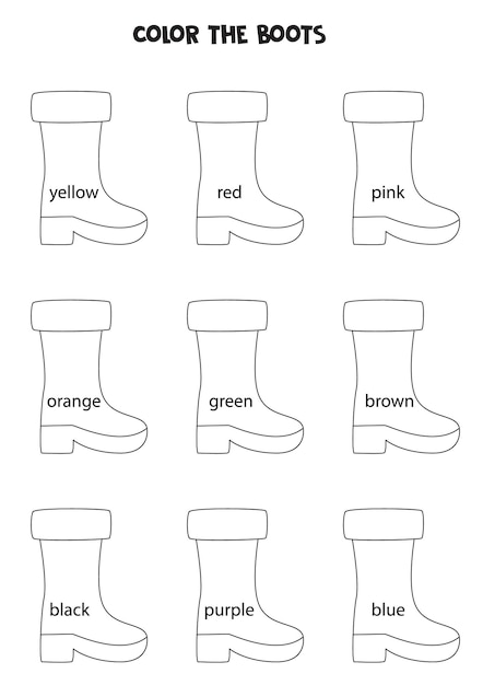 Leer nombres de colores y botas de goma de colores Hoja de trabajo educativa para niños