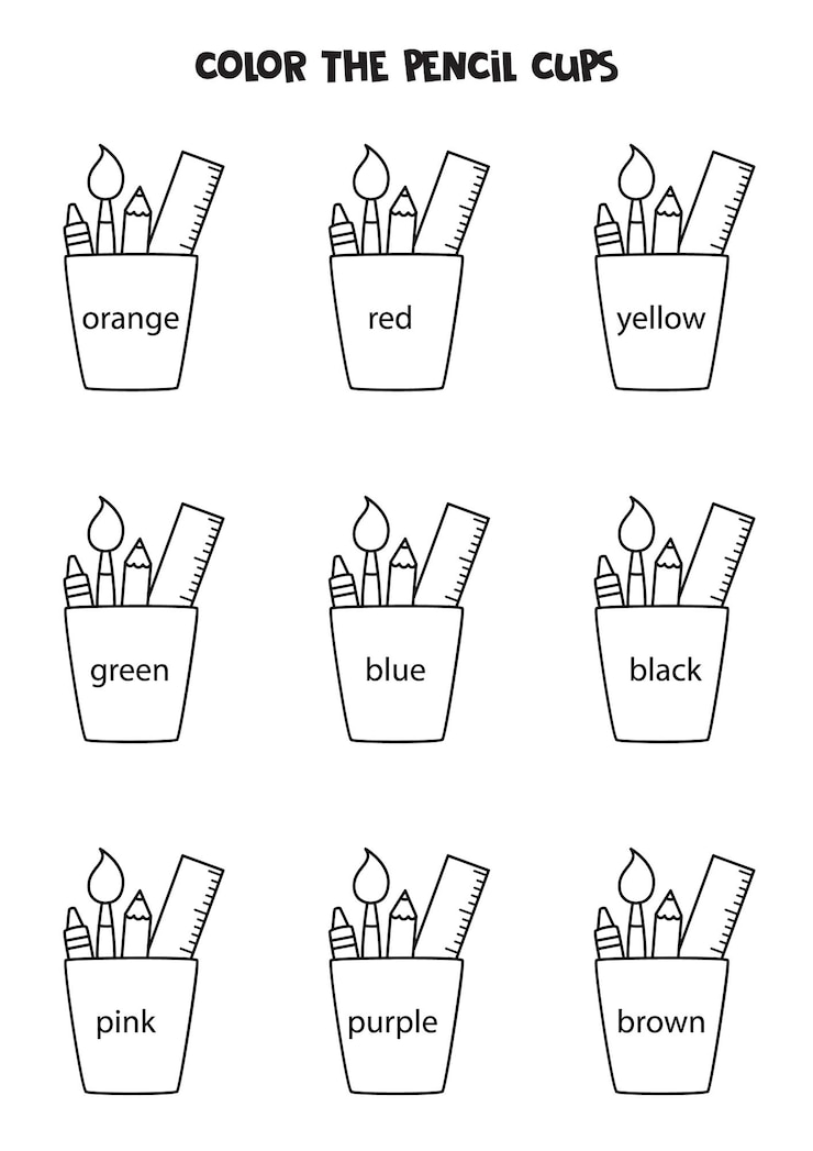 Vector leer nombres de colores y tazas de lápices de colores hoja de trabajo educativa