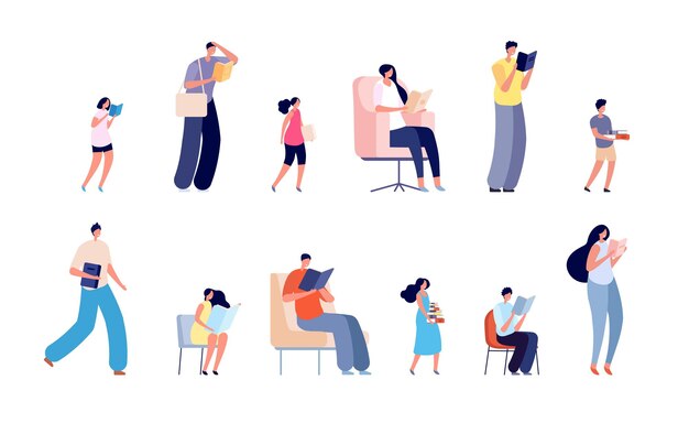 Leer personajes. El adolescente lee el libro, los adultos y los niños estudian. Personajes de biblioteca o librería, conjunto de vectores de estudiantes de niña niño aislado. Ilustración personaje estudiante leer y estudiar.