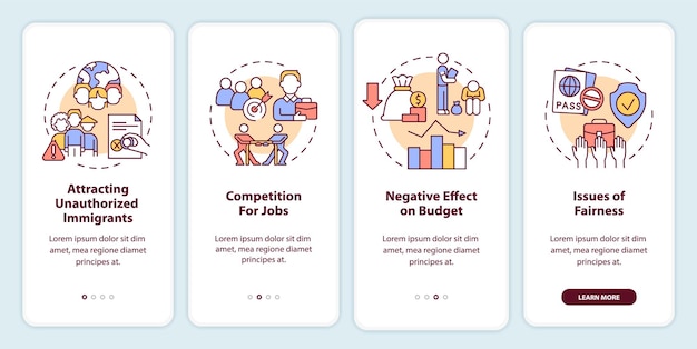 La legalización de los inmigrantes tiene un impacto negativo en la incorporación de la pantalla de la aplicación móvil recorrido de 4 pasos páginas de instrucciones gráficas con conceptos lineales ui ux plantilla de gui myriad probold fuentes regulares utilizadas