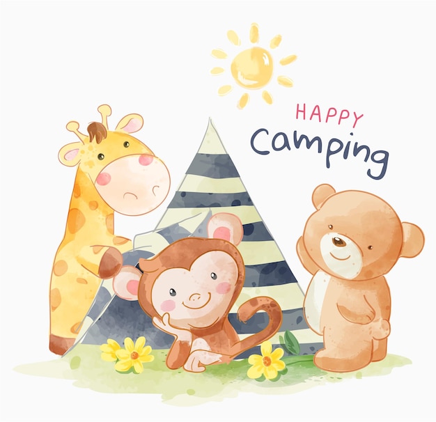 lema de camping con animales lindos dibujos animados amigos ilustración