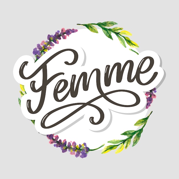 Lema decorativo del cepillo de las flores de la caligrafía de las letras del texto de femme