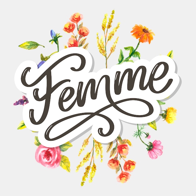 Lema decorativo del cepillo de las flores de la caligrafía de las letras del texto de femme