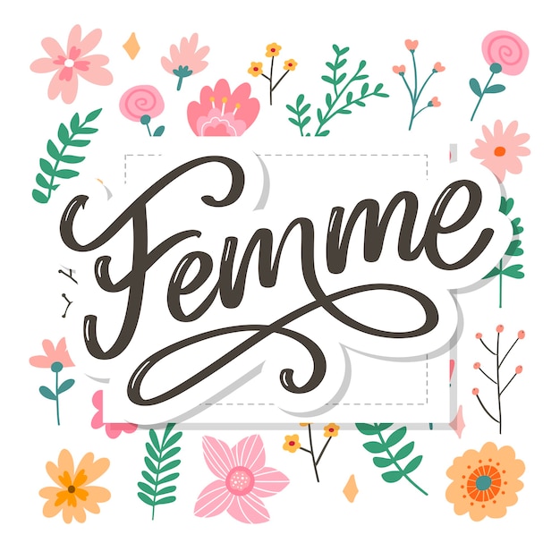 Lema decorativo del cepillo de las flores de la caligrafía de las letras del texto de femme