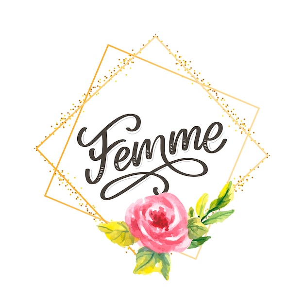 Vector lema decorativo del cepillo de las flores de la caligrafía de las letras del texto de femme