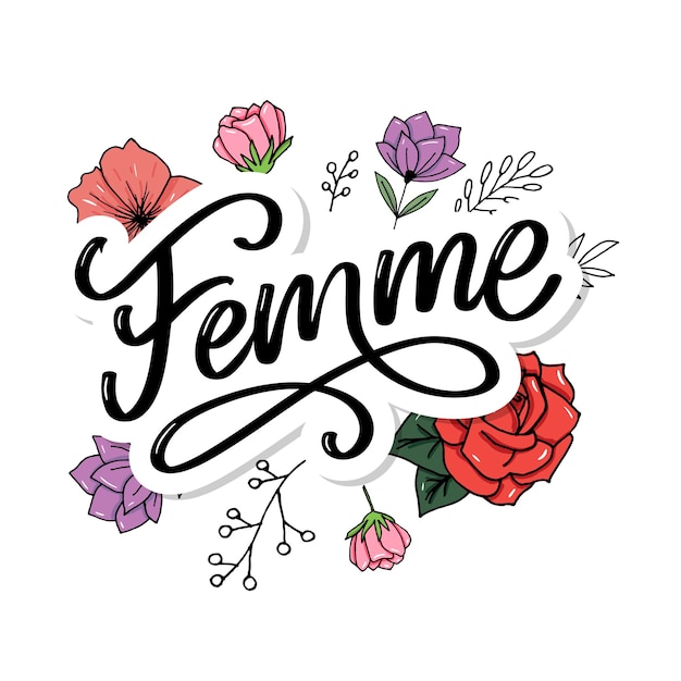 Lema decorativo del cepillo de las flores de la caligrafía de las letras del texto de femme