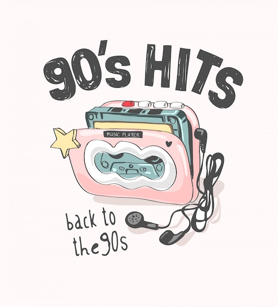 Lema de éxitos de los 90 con colorida ilustración vintage de cassette