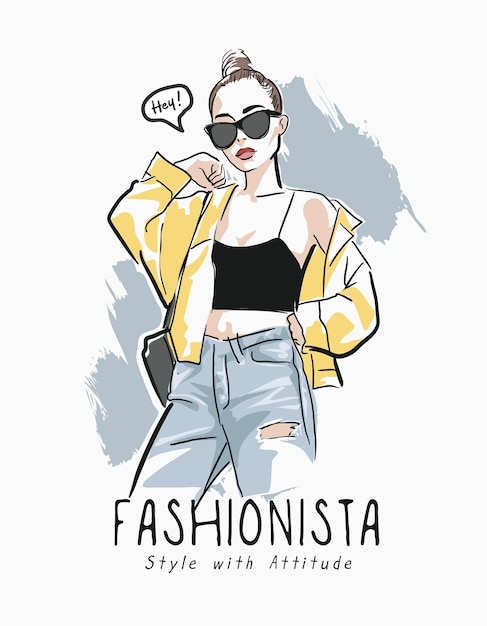 Lema de fashionista con ilustración de dibujado a mano de mujer de moda