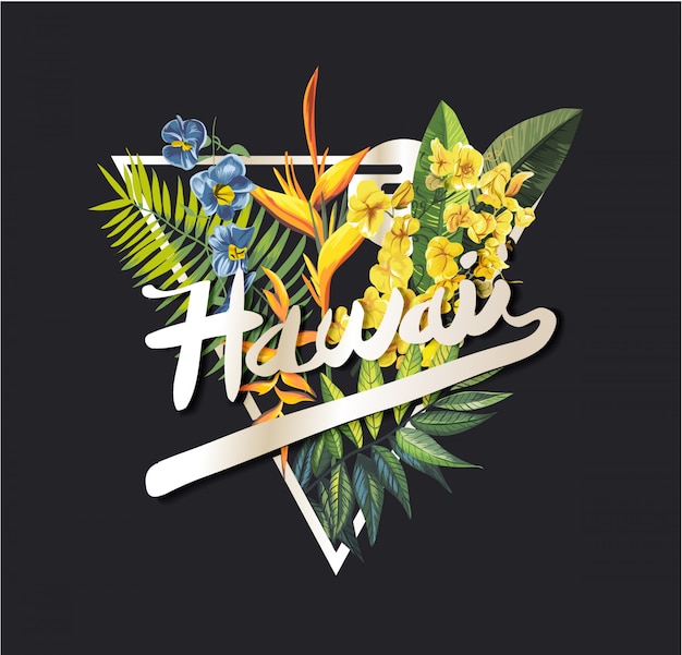 Lema gráfico hawaiano con flor tropical.